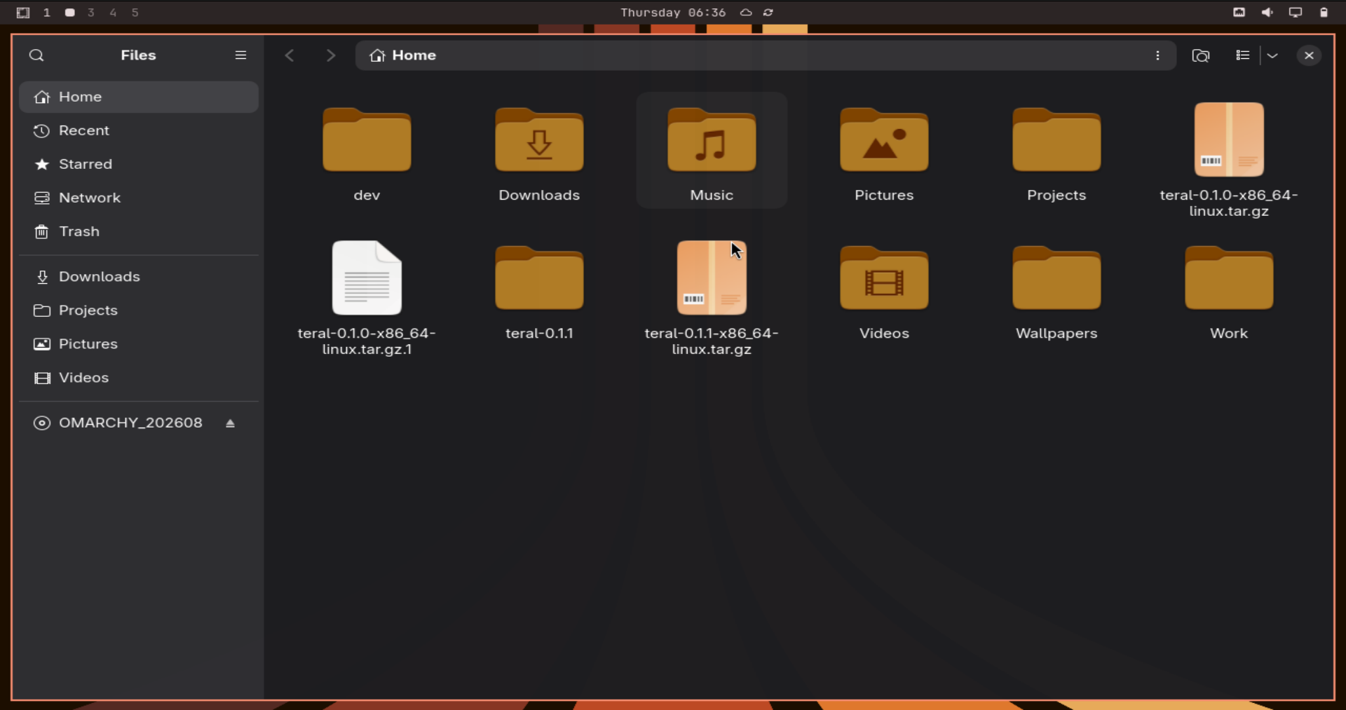 GNOME Files on the same warm Omarchy theme