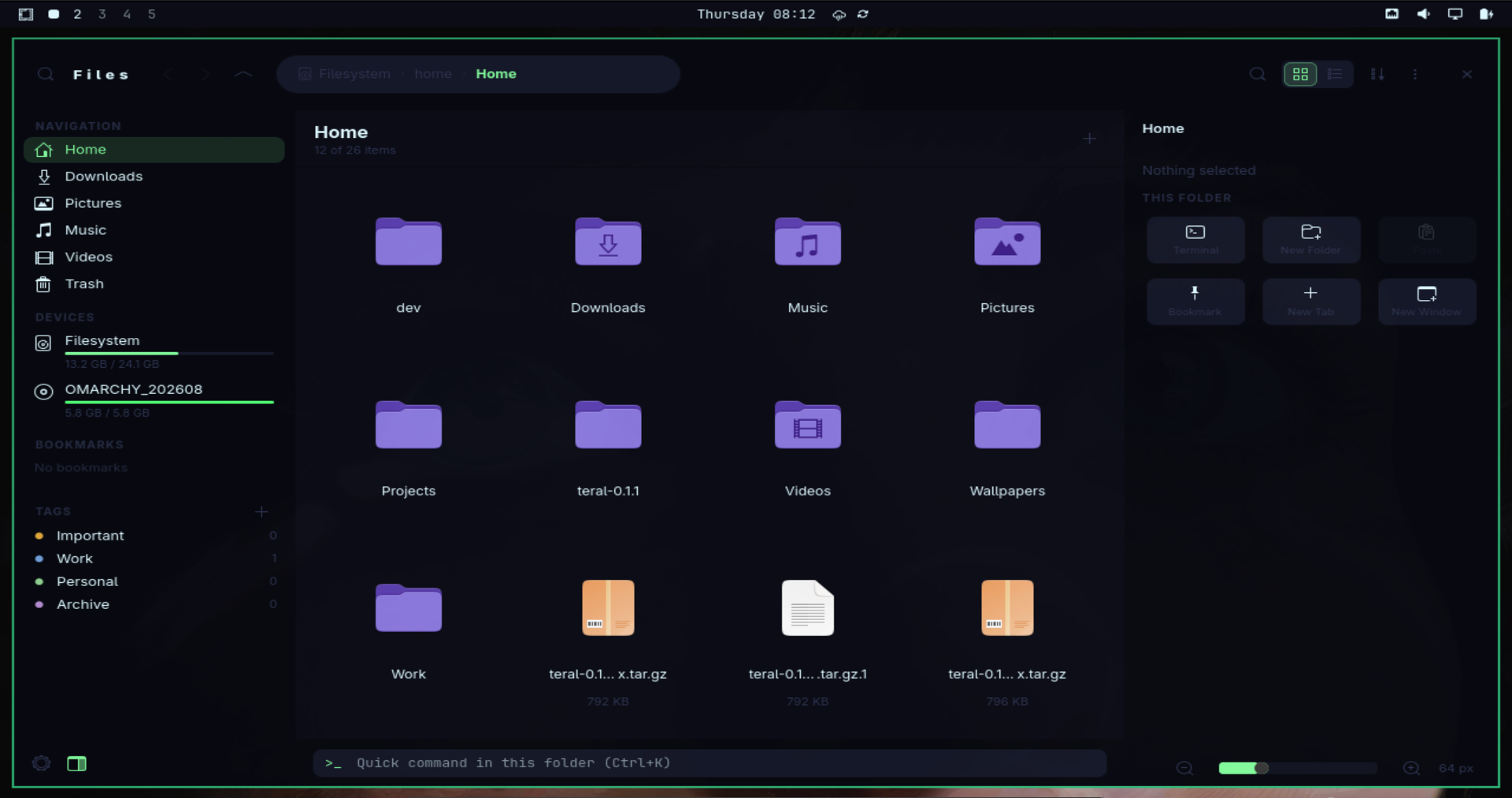Teral in a dark purple and green Omarchy theme with navigation, files, details and Quick Command visible